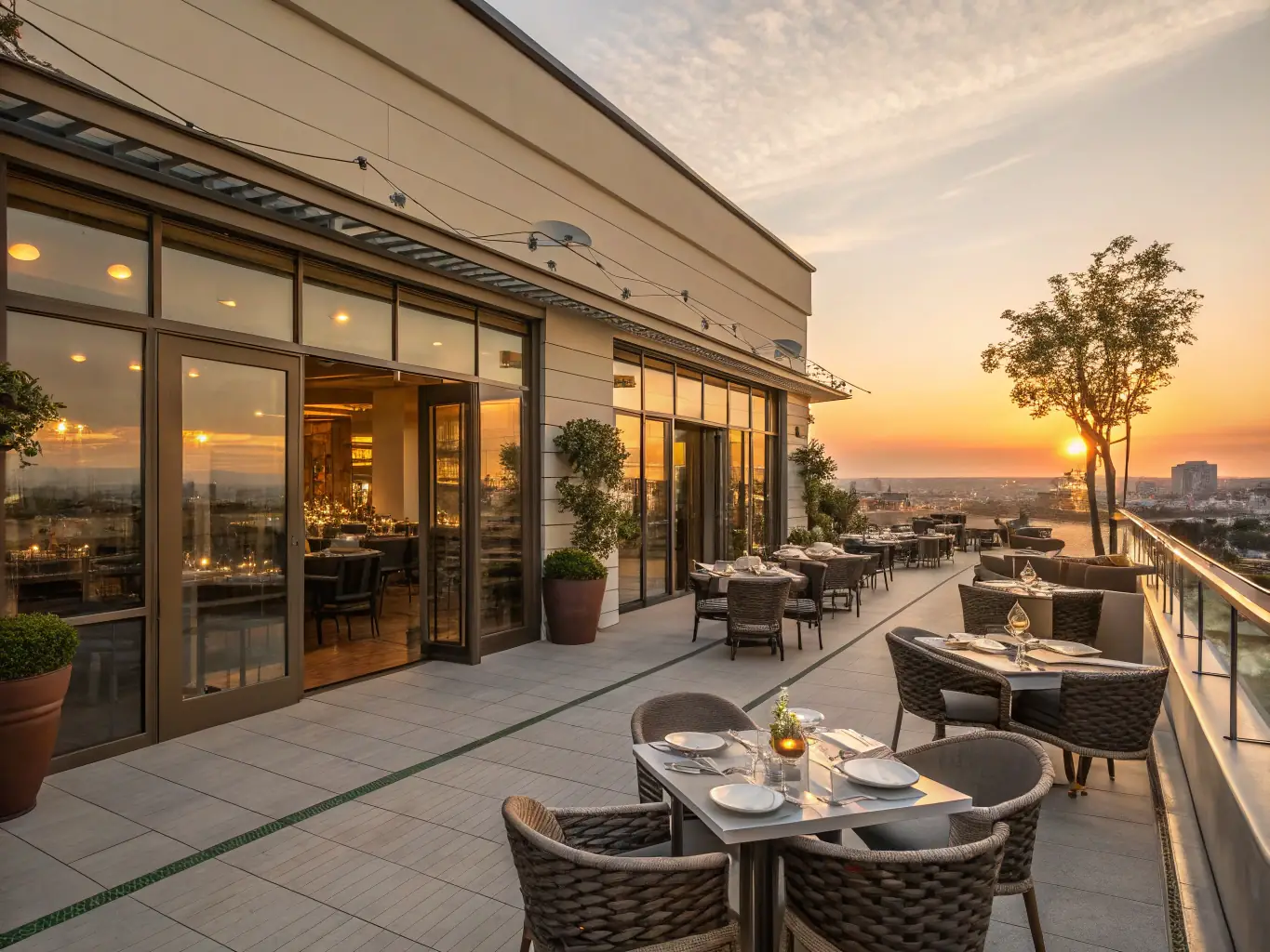 A photograph of a restaurant's exterior at dusk, with warm lighting and a welcoming entrance, capturing the overall brand image.