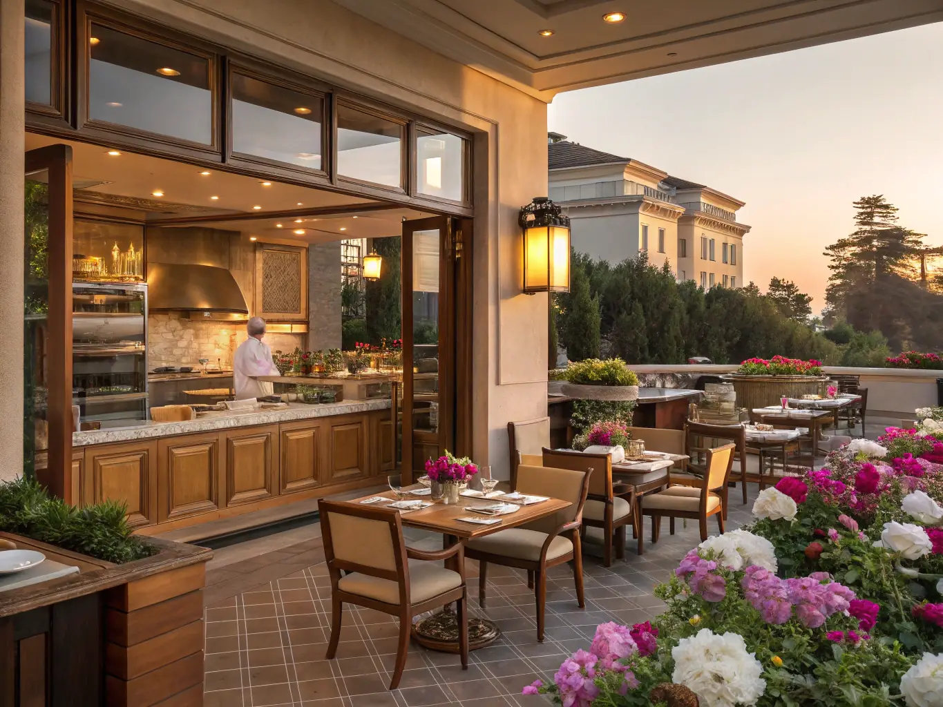 A beautifully lit photograph of a restaurant's interior, showcasing the warm and inviting atmosphere with tables set for dinner and soft lighting.