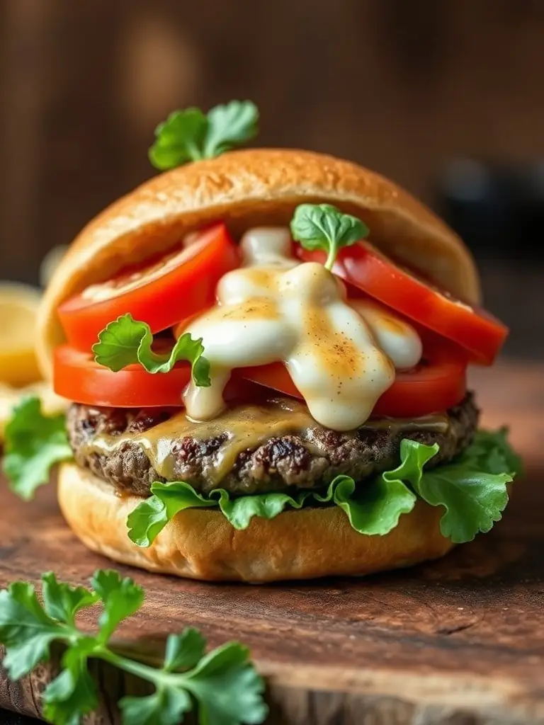 A close-up shot of a perfectly lit and styled burger, showcasing its juicy patty and fresh ingredients, taken by PHSUGAR.