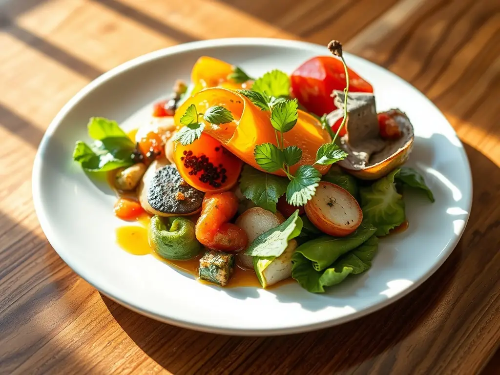 A close-up shot of a perfectly plated dish, highlighting the vibrant colors and textures of the ingredients, taken in a restaurant setting.